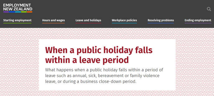 Image link to Employment NZ website articel on whena public holiday falls within a leave period